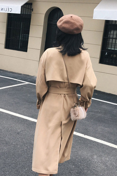 Solid Color Lapel Double Breasted Trumpet Sleeves Long Coat