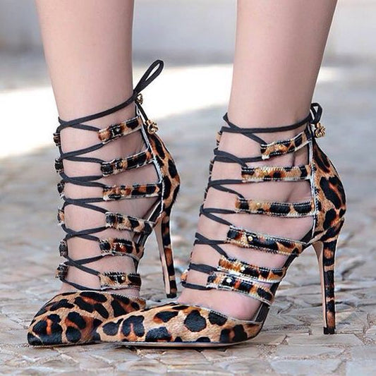 Leopard Pointed Toe Straps Hollow Out Lace Up Stiletto High Heels