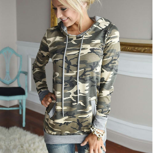 Camouflage Long Sleeves Drawstring Patchwork Hoodies