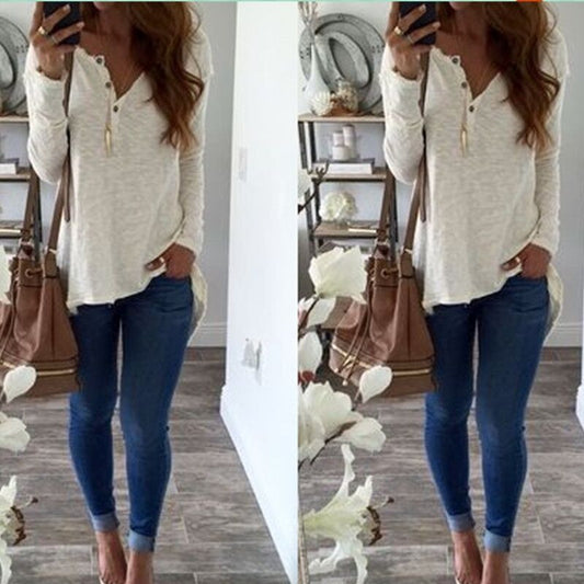 V-neck Buttons Pure Color Long Sleeves Irregular Blouse