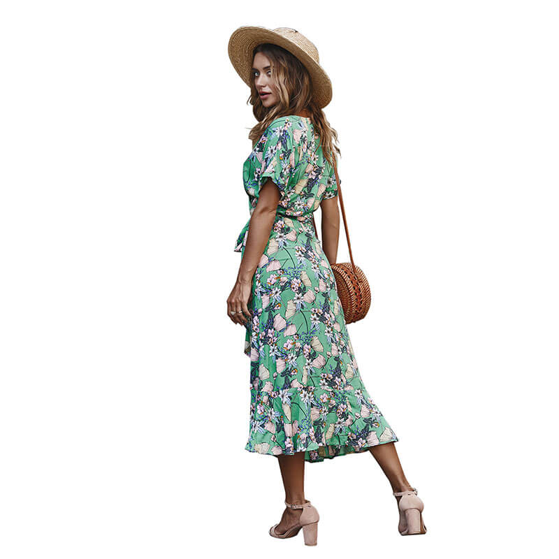 V Neck Floral Beach Midi Wrap Dress