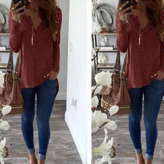 V-neck Buttons Pure Color Long Sleeves Irregular Blouse