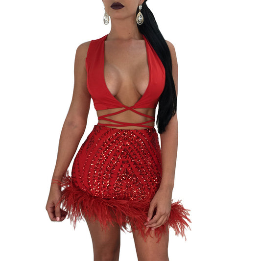 Deep V-neck Cami Top Fur Irregular Short Skirt Two Pieces Dress Outfits