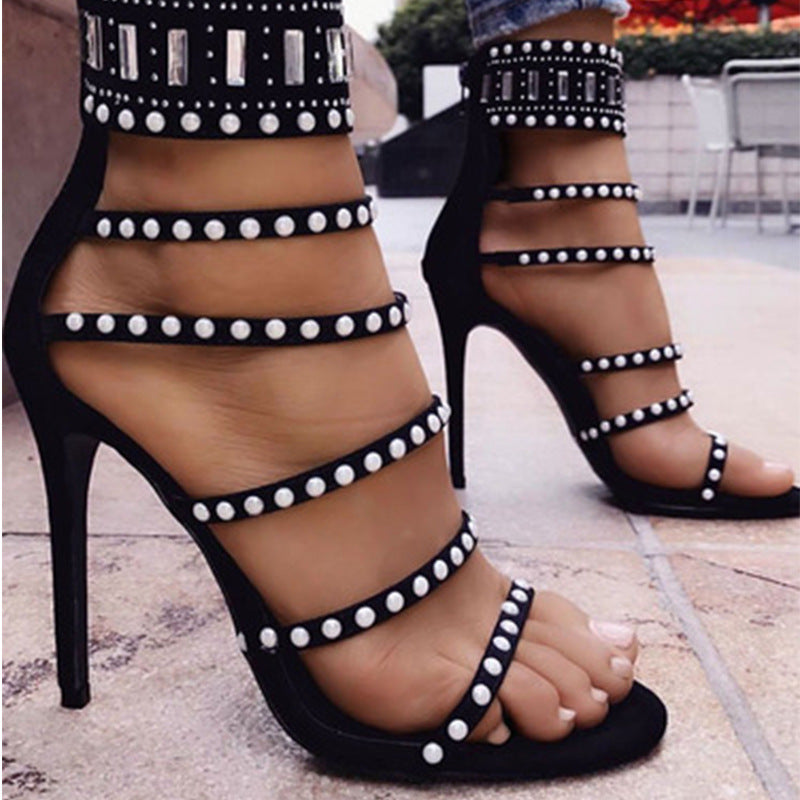 Diamond Straps Suede Open-toe Stiletto High Heels Sandals