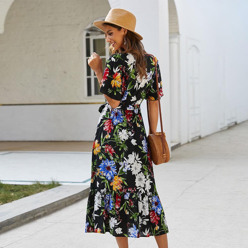 Retro Floral Tie Waist Midi Dress