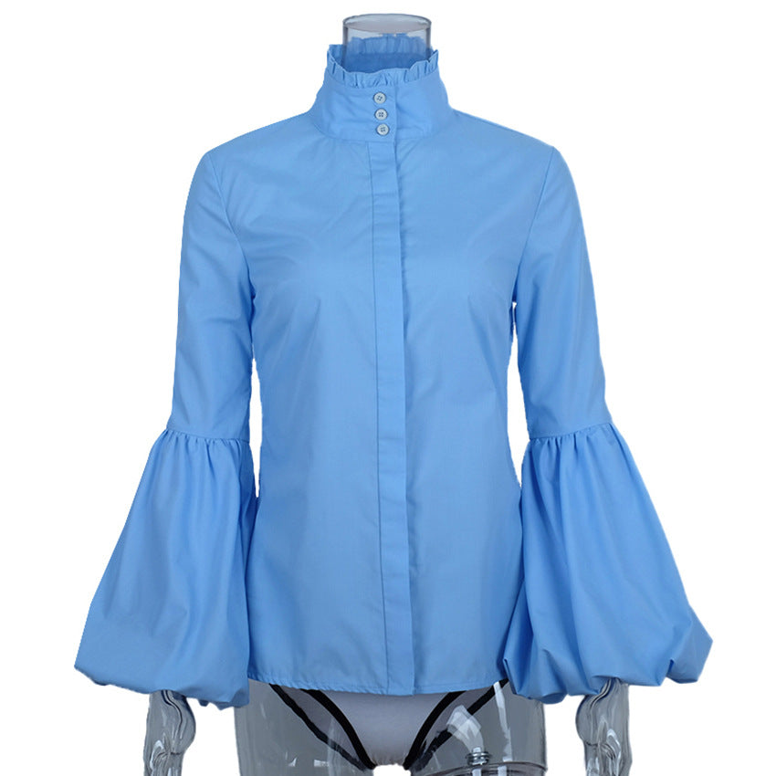 High Stand Collar Pure Color Long Lantern Sleeves Slim Blouse