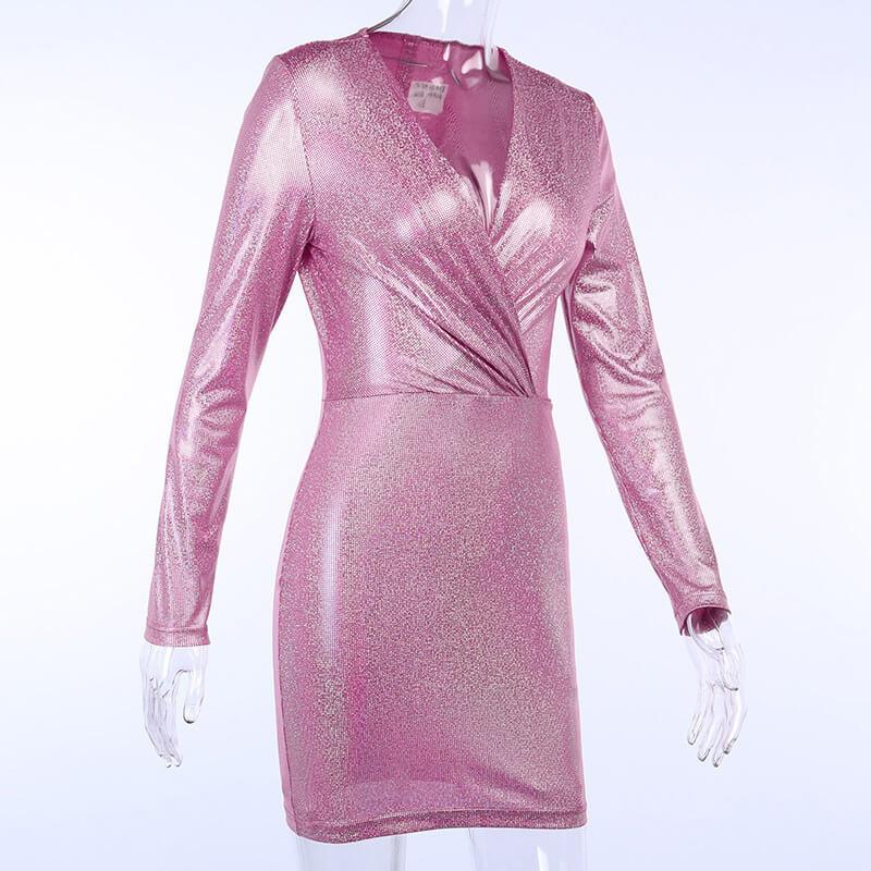 Sparkling V Neck Tight Long Sleeve Bodycon Dress