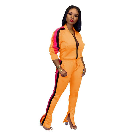 Zipper Blosue High Waist Patchwork Bell Bottom Pants Set