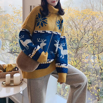 Turtleneck Colorblock Christmas Reindeer Sweater