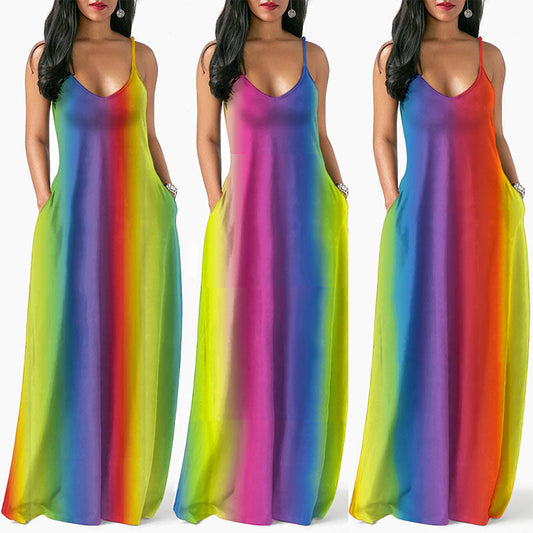 Spaghetti Strap Multi Color Floor Length Dress