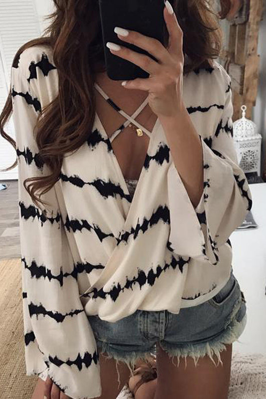 Stripe V-neck Long Trumpet Sleeves Blouse