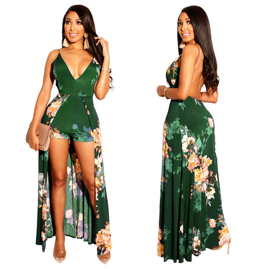 Sexy With Train Spaghetti Strap Backless Print Romper