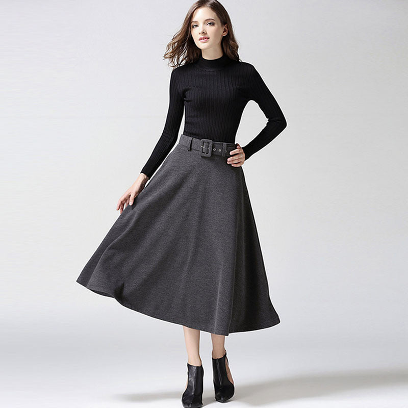 Fashion A-line Pure Color Woolen Long Skirt With Belt On