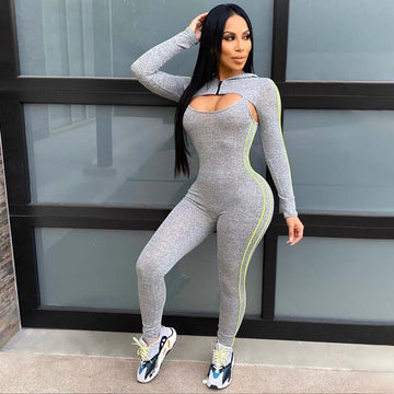 Sexy Long Sleeves Bodycon Cutout Hoodie Stripes Jumpsuits