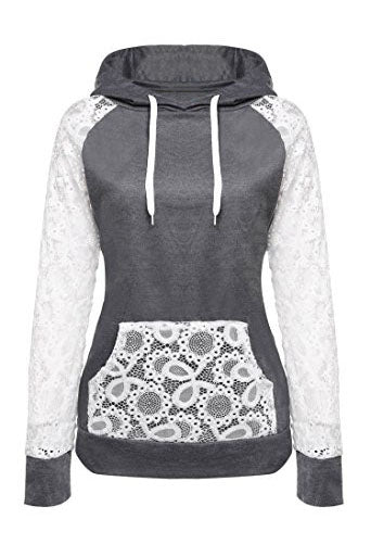 Lace Patchwork Drawstring Pocket Slim Hoodie