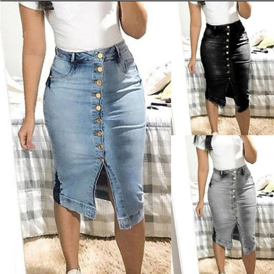 Sexy Denim High Waist Bodycon Buttons Knee High Dresses