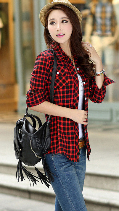 Turn-down Collar Plaid Flower Print Long Sleeves Slim Button Blouse