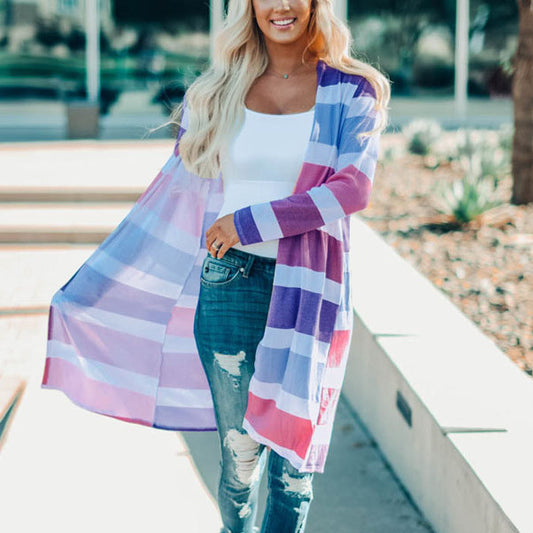 Colorblock Striped Knit Long Cardigan