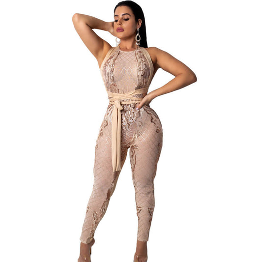 Backless Sequin Bandage See Through Jumpsuit