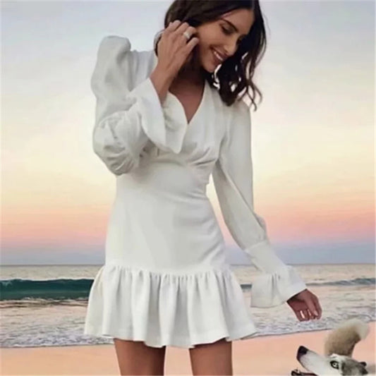 White Bodycon Long Sleeve Ruffle Zipper Dress