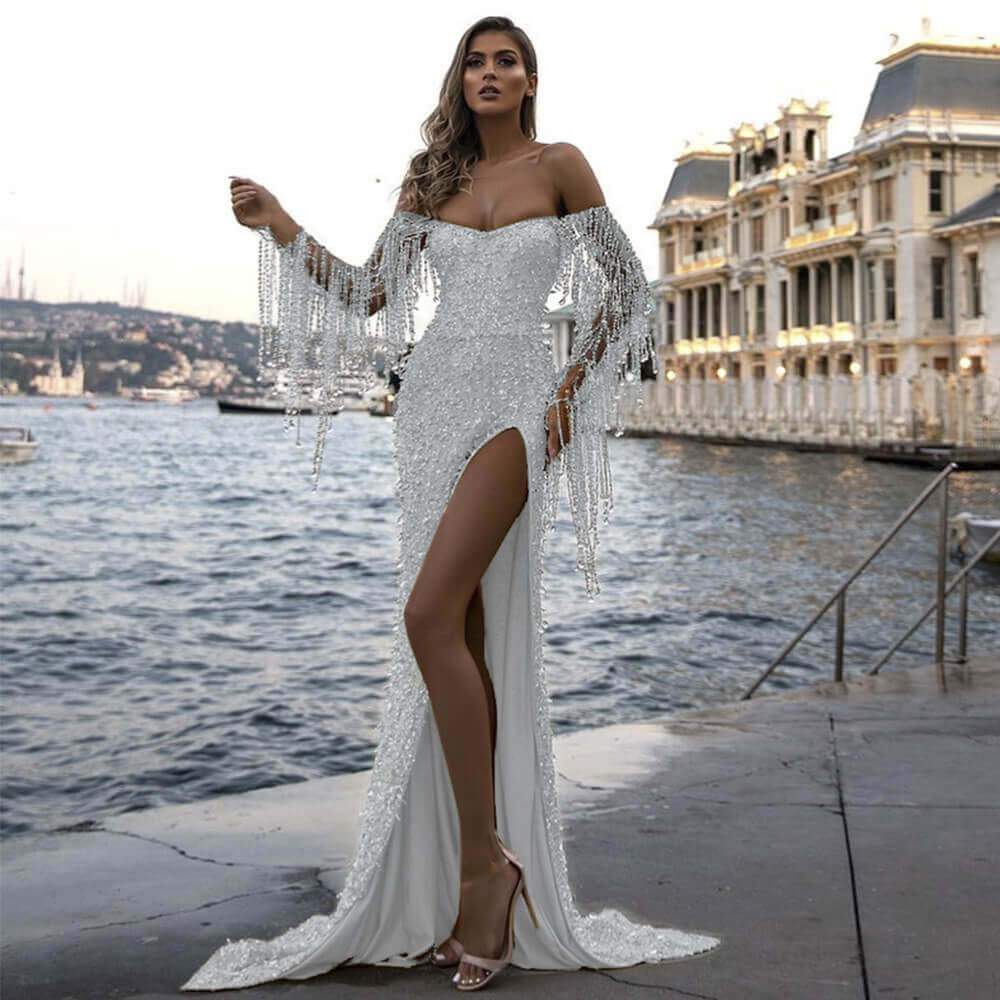 Off Shoulder Fringe Decor Sparkle Evening Long Dress