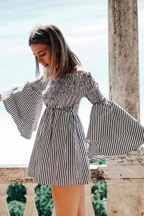 Off Shoulder Strapless Long Trumpet Sleeves Short Stripe Dress