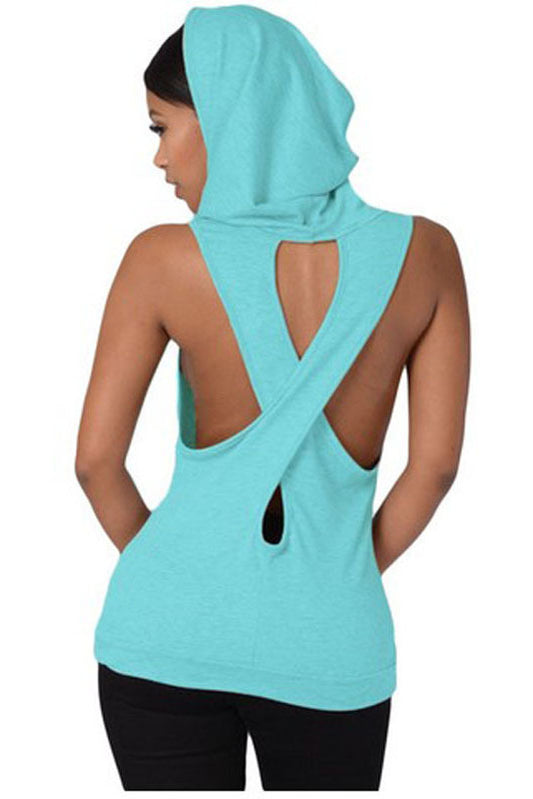 Open Back Cross Sleeveless Hooded Tank Top Hoodie