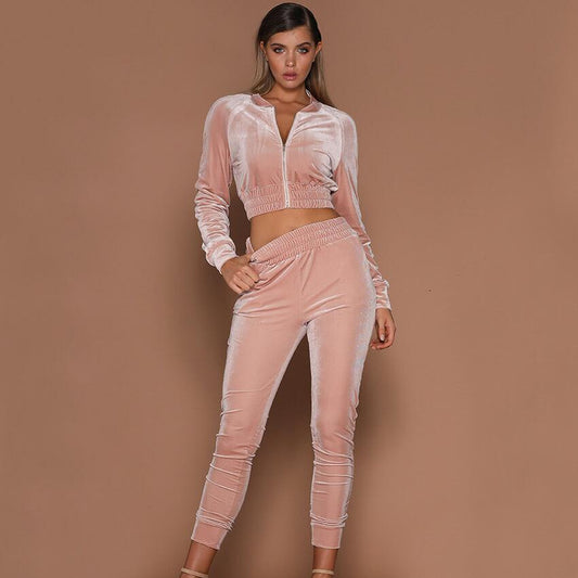 Zipper Deep V-neck Crop Top High Waist Skinny Pants Set