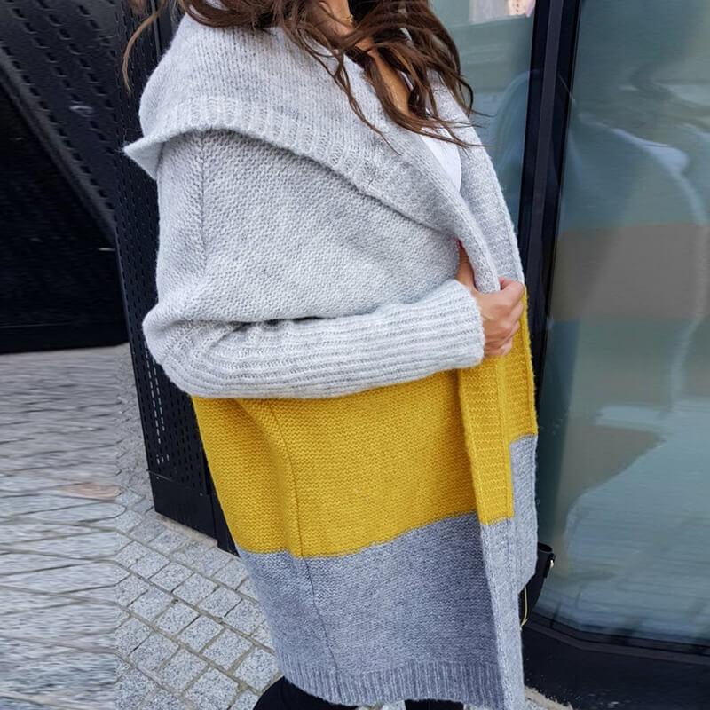 Colorblock Knit Hooded Cardigan Sweater 