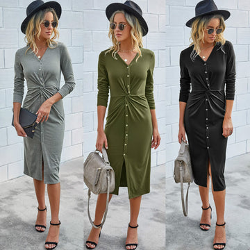 Tight Front Twist Button Midi Dress