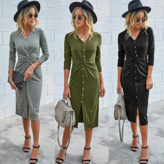 Tight Front Twist Button Midi Dress