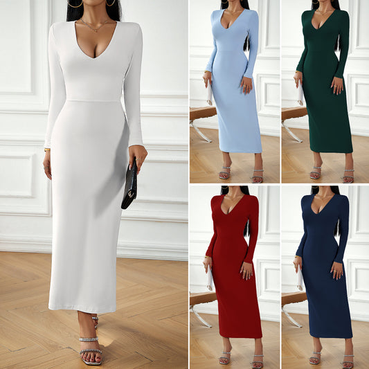 Sensual V-Neck Bodycon Long Sleeve Dress