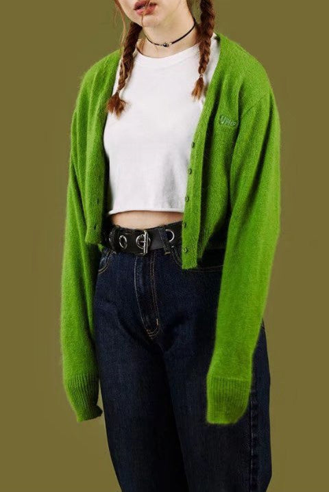 Pure Color V-neck Long Sleeves Short Cardigan