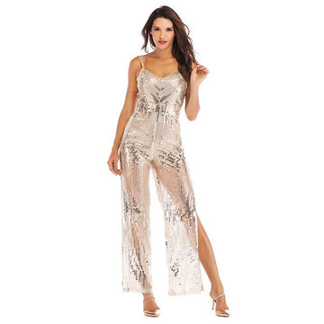 Sequin Overlay Slits Jumpsuit