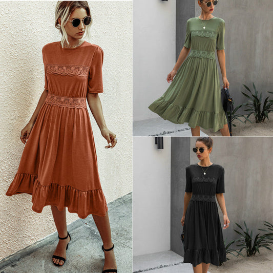 Crew Neck Lace Splice Midi A Line Dress