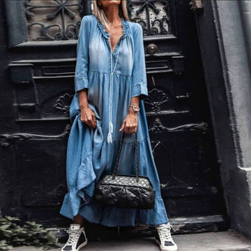 Loose Denim Ruffle Long Dress