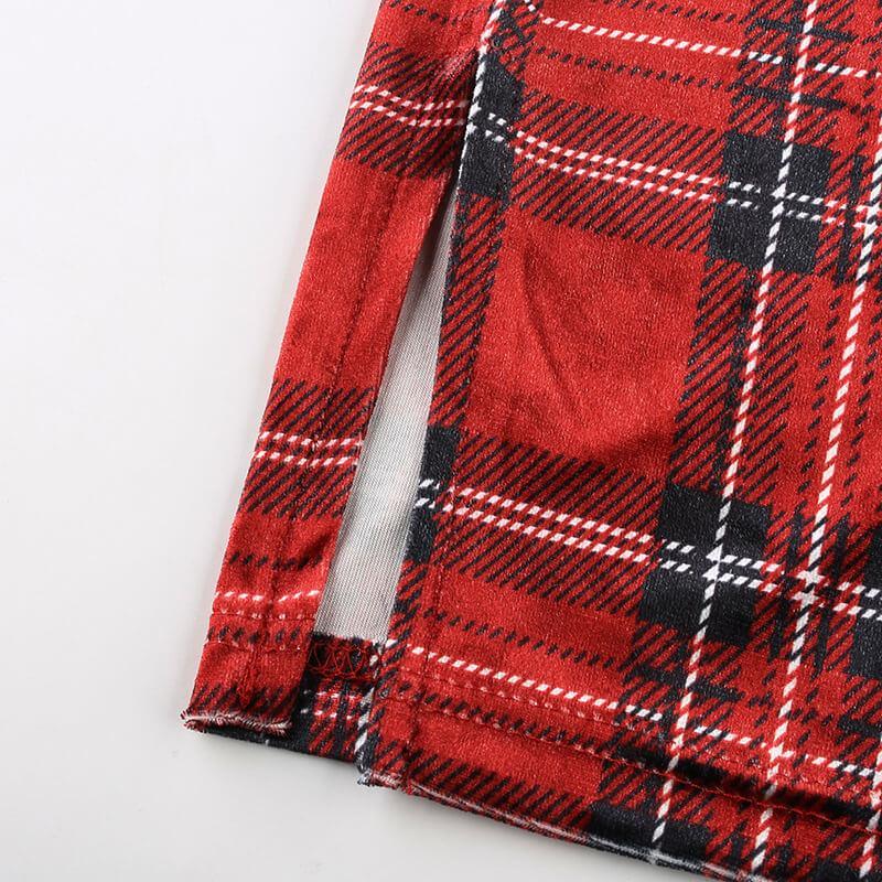 Red Spaghetti Strap Plaid Bodycon Dress