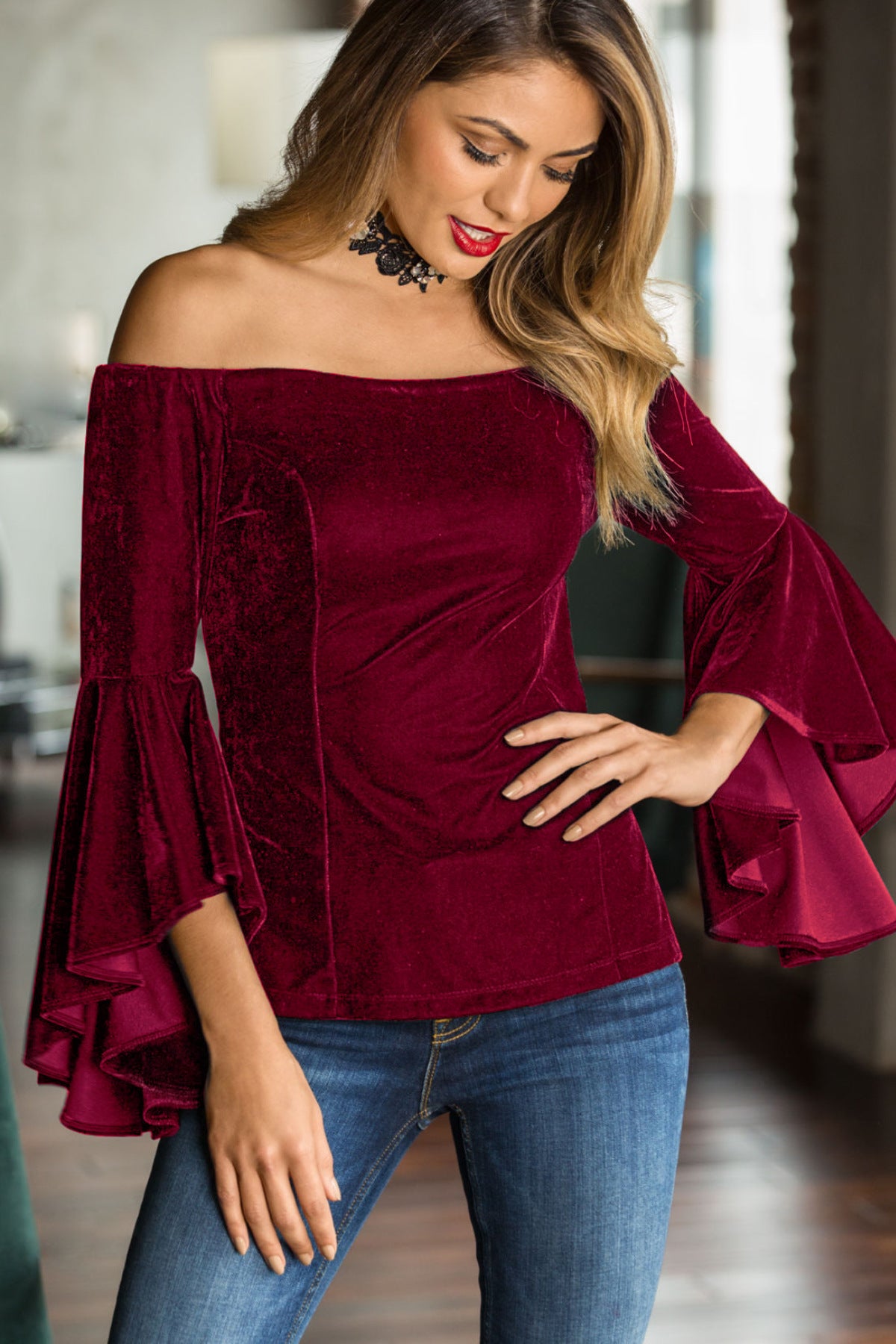 Off Shoulder Long Ruffle Trumpet Sleeves Blouse