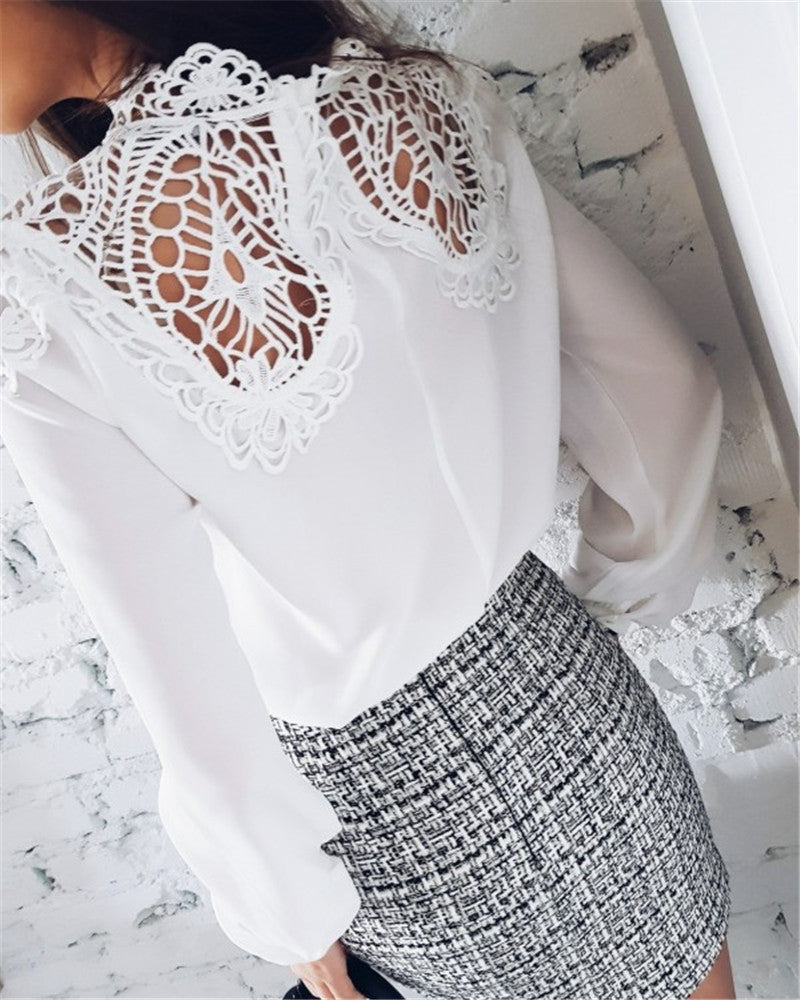 Lace Patchwork Hollow Out High Neck Long Sleeves Loose Blouse