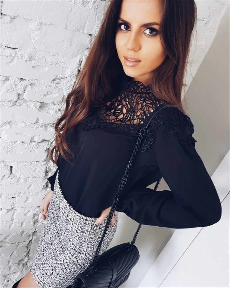 Lace Patchwork Hollow Out High Neck Long Sleeves Loose Blouse