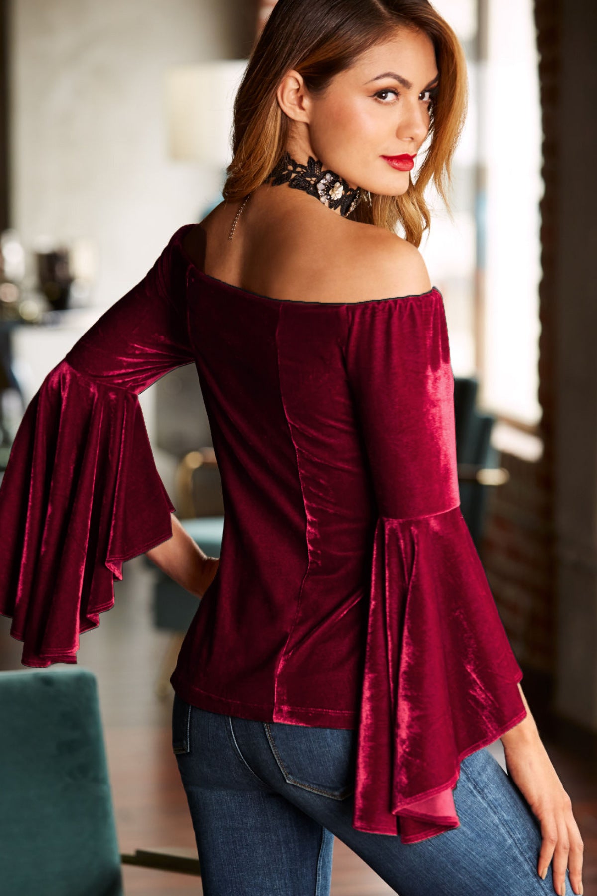 Off Shoulder Long Ruffle Trumpet Sleeves Blouse