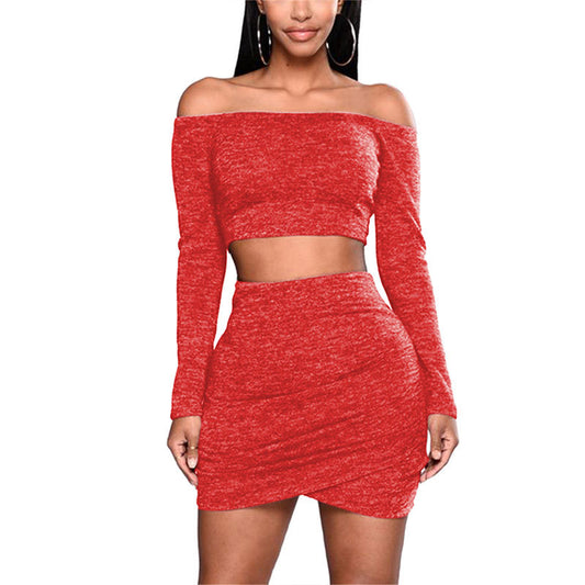 Off Shoulder Long Sleeves Crop Top Short High Waist Irregular Skirt Dress Set Outfits