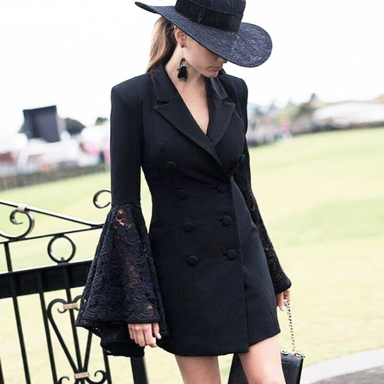 V-neck Lapel Solid Color Long Trumpet Lace Sleeves Women Slim Long Blazer Coat