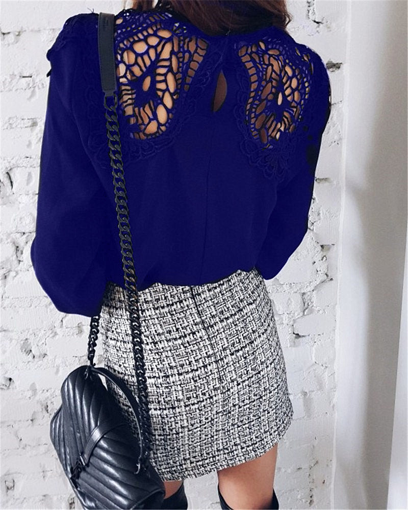 Lace Patchwork Hollow Out High Neck Long Sleeves Loose Blouse