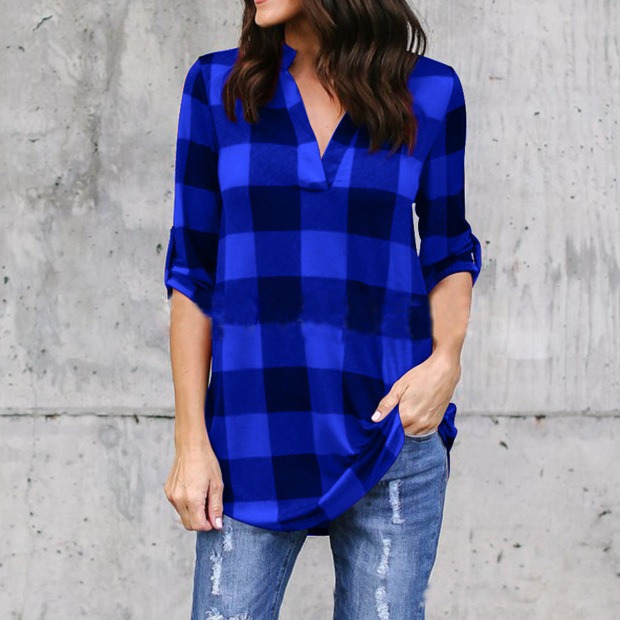 V-neck Plaid Loose Long Sleeves Long Blouse