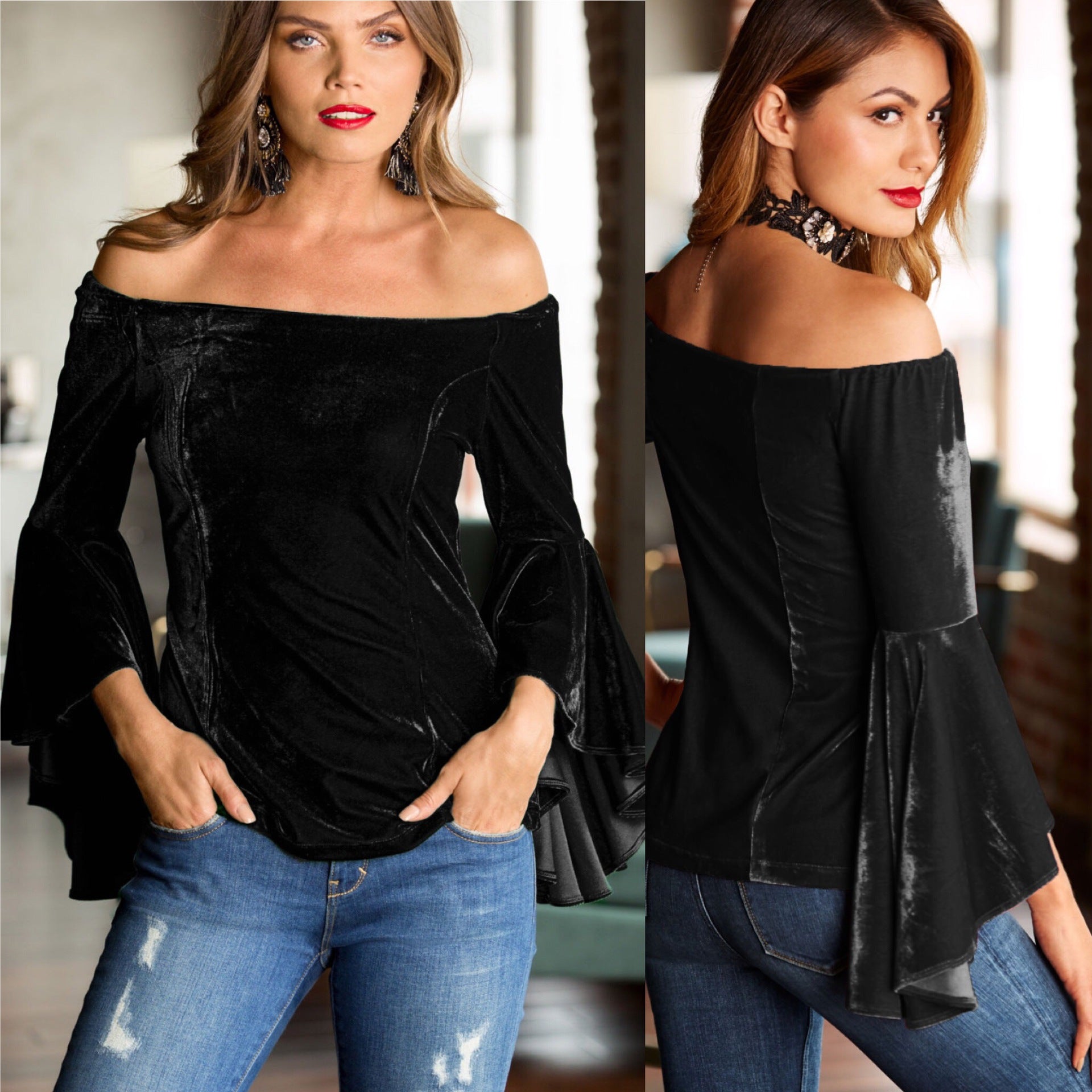 Off Shoulder Long Ruffle Trumpet Sleeves Blouse