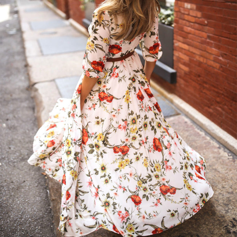 Short Sleeve Floral High Waist Boho Dress