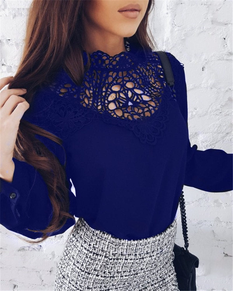 Lace Patchwork Hollow Out High Neck Long Sleeves Loose Blouse