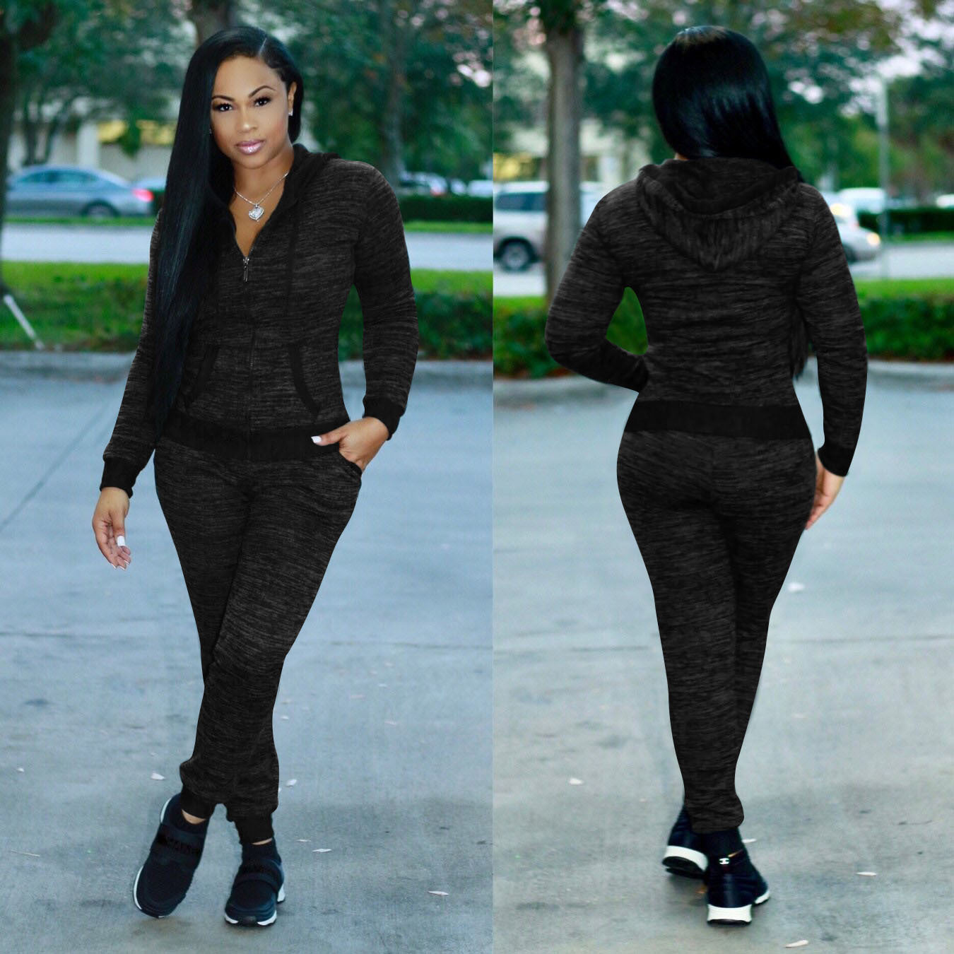 Zipper Slim Hoodie with Long Skinny Pants Two Pieces Sports Set