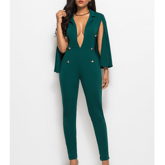 Overlay V Neck Skinny Cape Jumpsuits